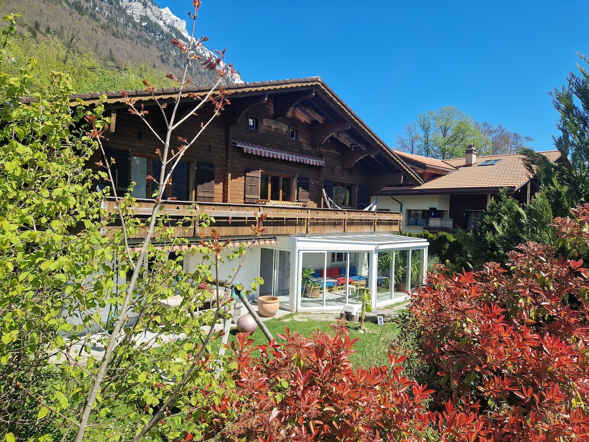 Holzhaus mit Sauna Trampolin nahe am See und Berge