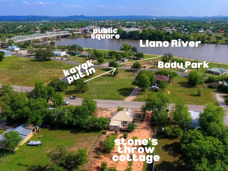 Cottage across the river, park, & splash pad