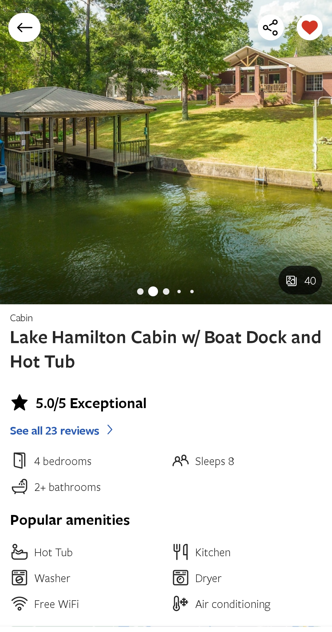 汉密尔顿湖（ Lake Hamilton ） ，带私人码头、热水浴缸、皮划艇、火灾