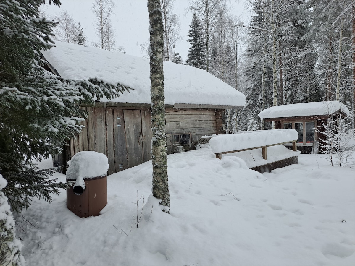 Mökki ja savusauna pienen järven rannalla