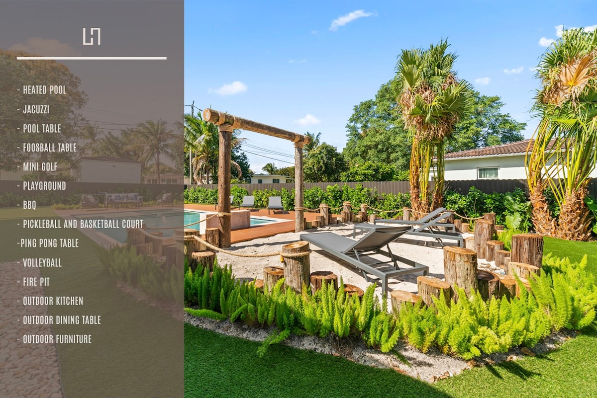 迈阿密别墅，带泳池、棕榈树和度假村后院， 6间卧室