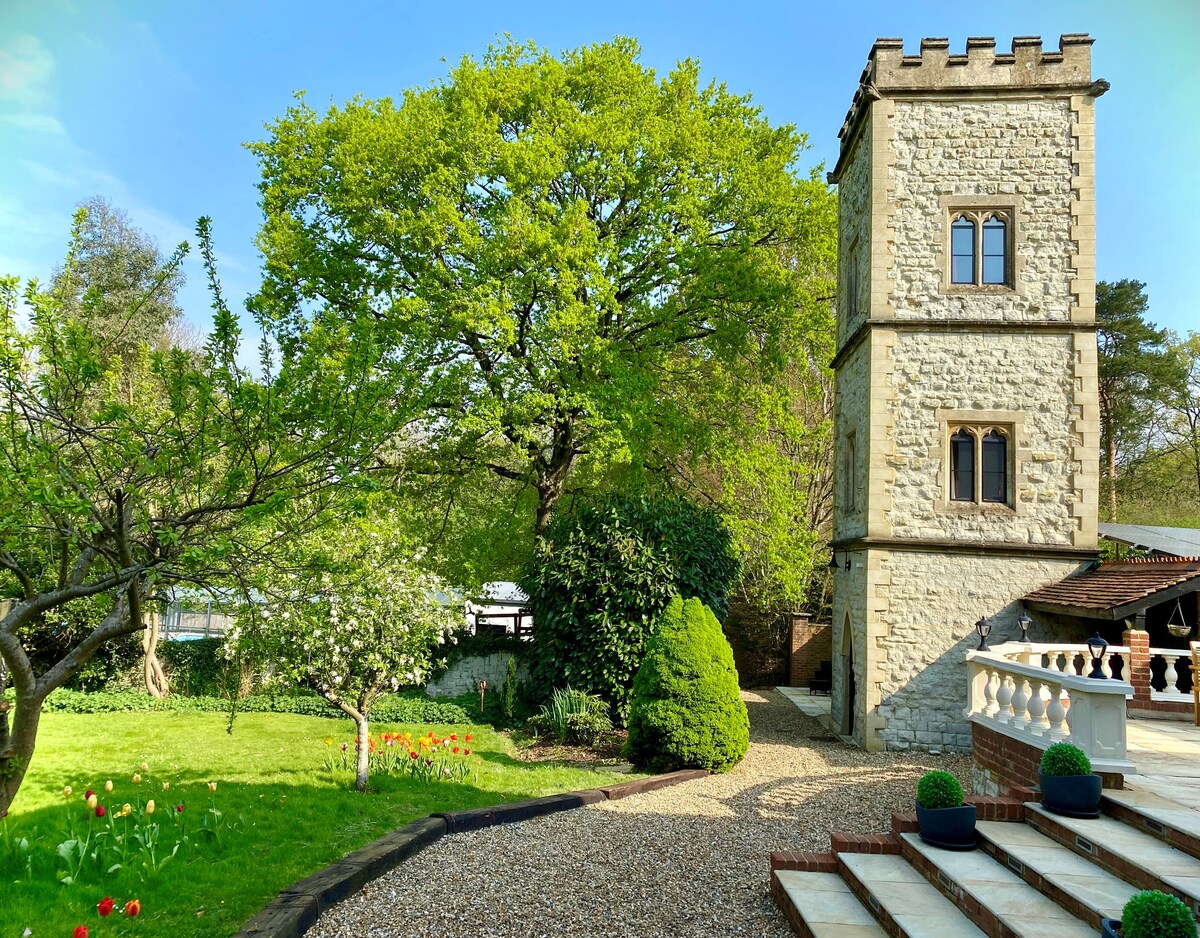 Unique Victorian Folly Tower with pool near London