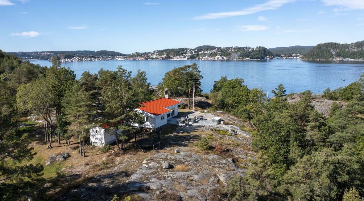 Solfylt landsted med strandlinje