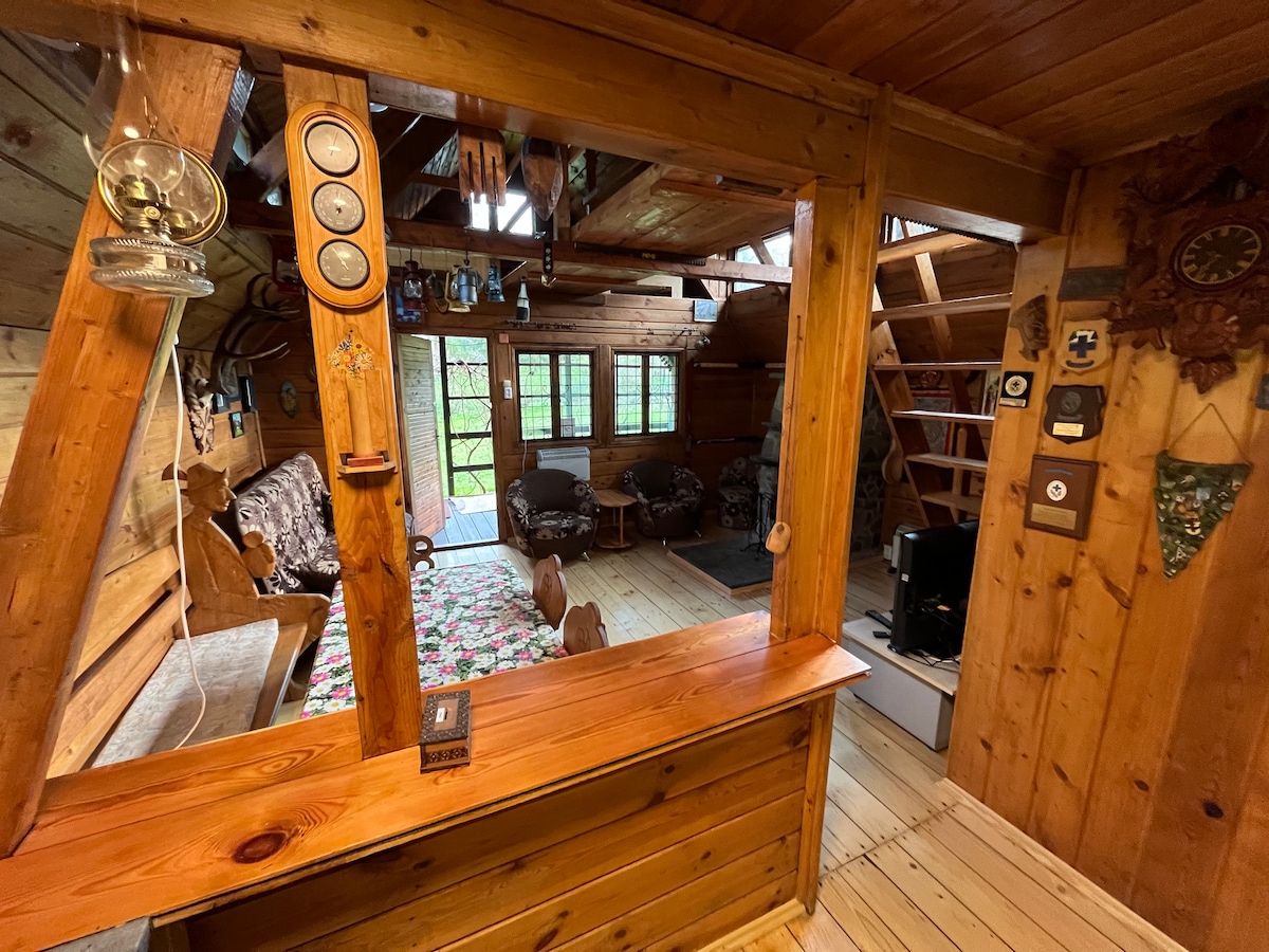 Wooden cottage with sauna and fireplace