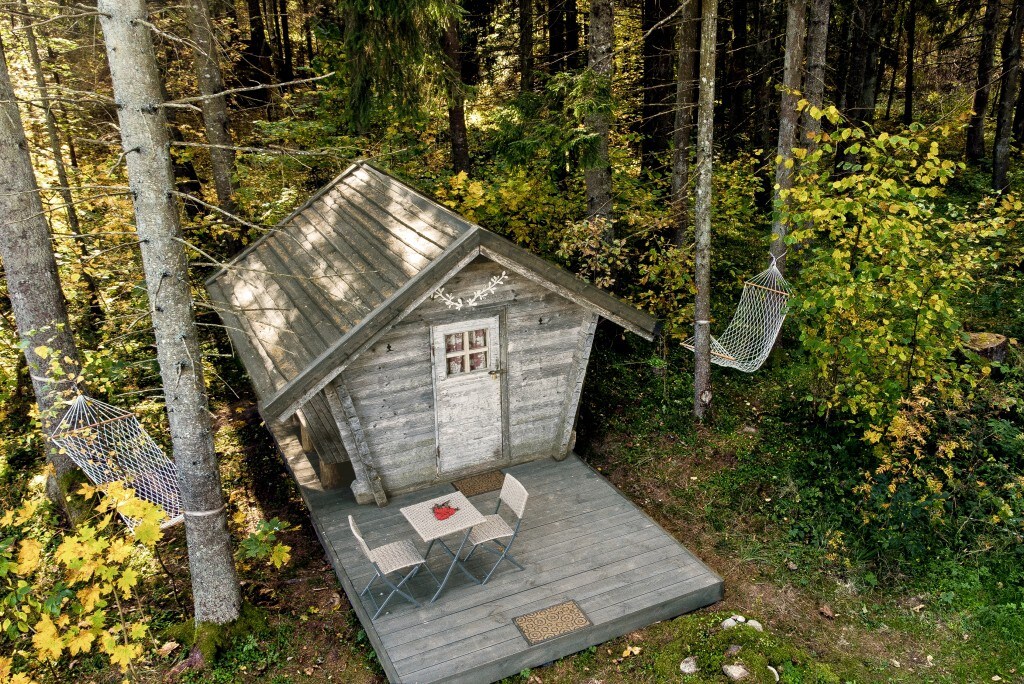 森林中的老式离网微型住宅+热水浴缸