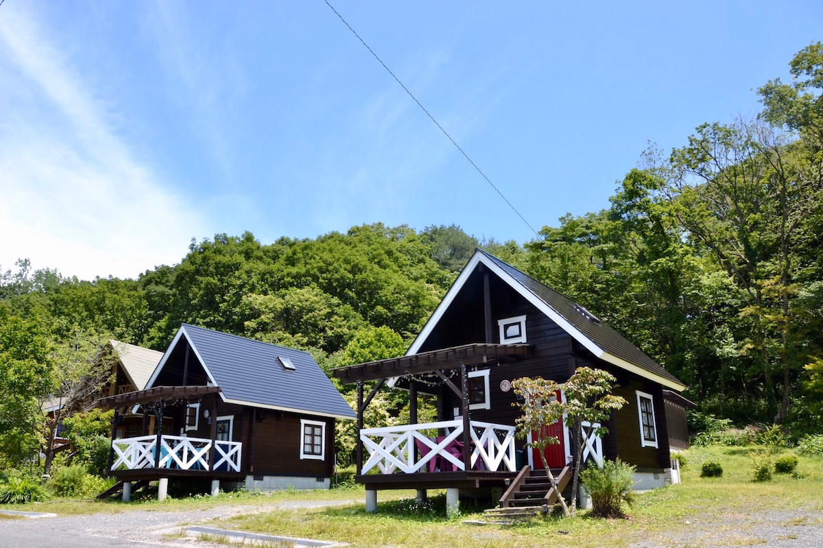 Hiruzen Okayama Villa Peter Pan的圣诞小屋红色日志或蓝色日志