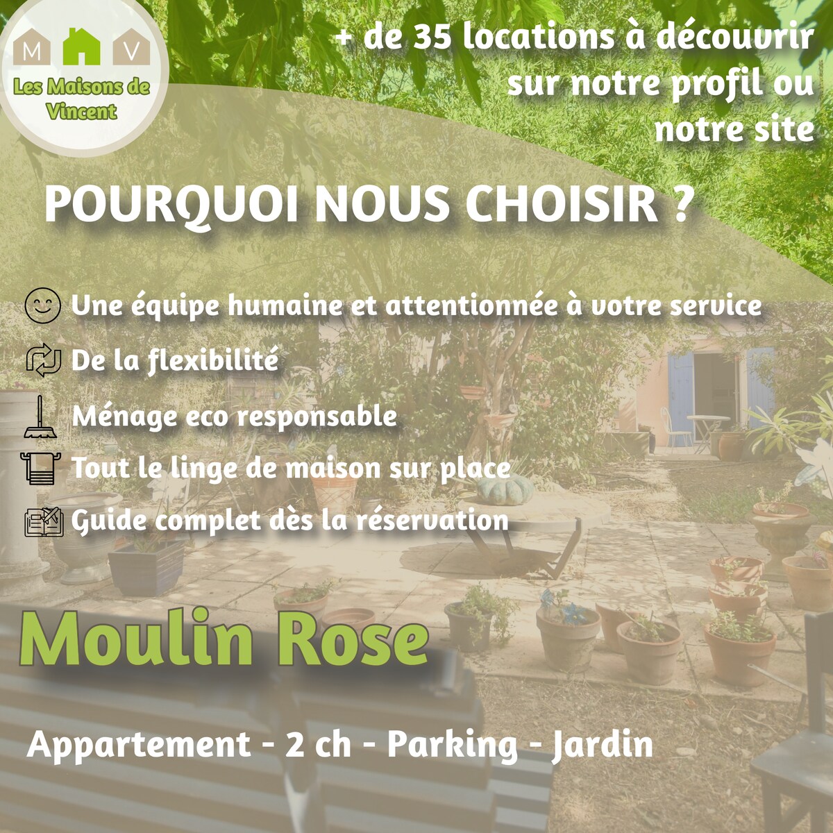 Moulin Rose、花园和停车场