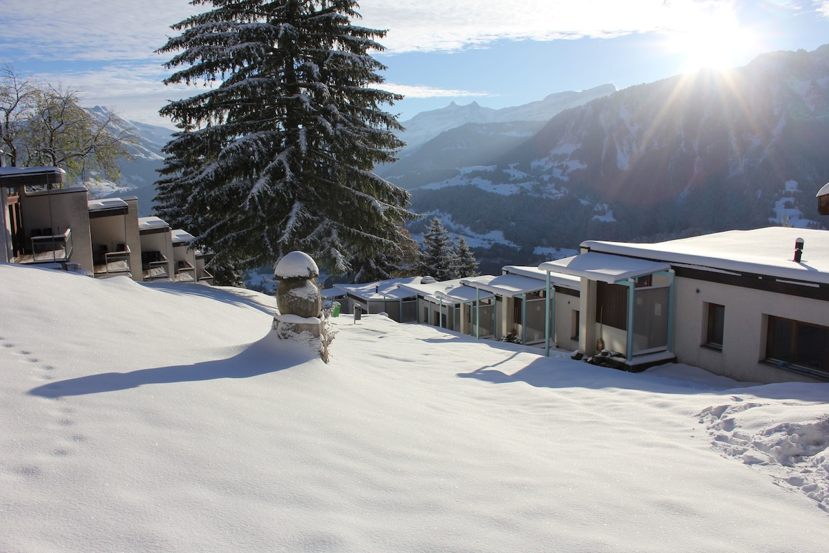 在阿尔卑斯山的滑雪道上小度假木屋上