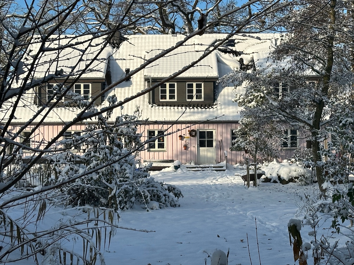 pink house in between yellow rap and blue sky