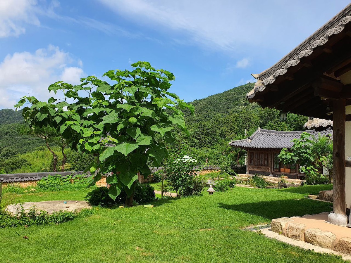 Hanok Love House -柏树林，木柴烤架房间2 ，传统茶室，池塘