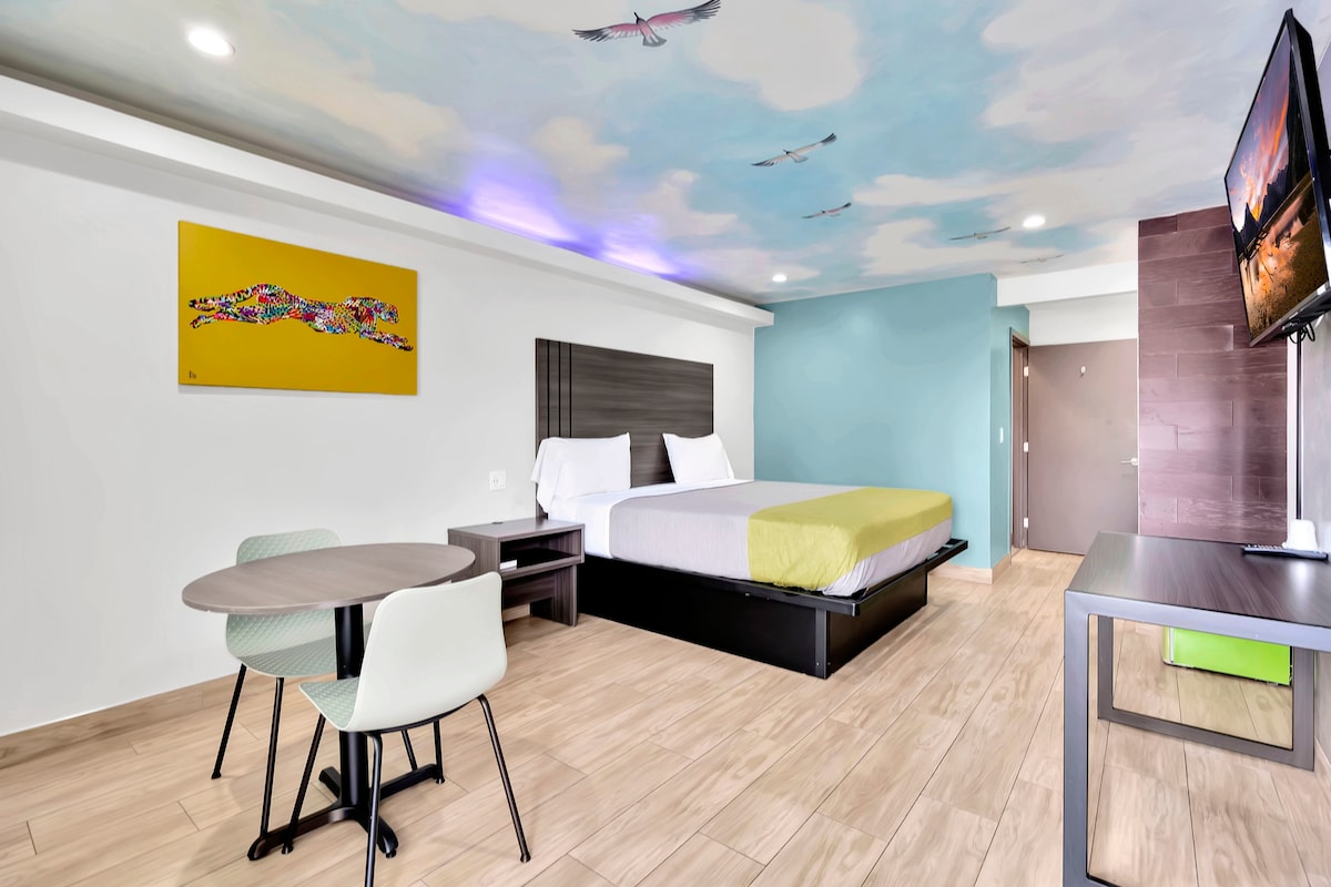Exclusivo inn +套房，配有1间加大双人床客房，配有卫生间。