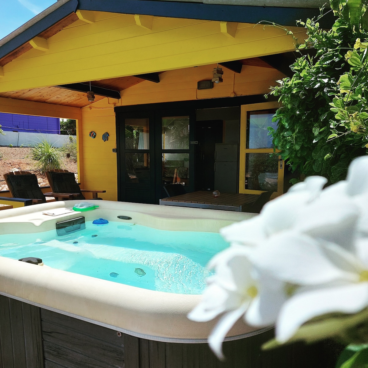 Private bungalow with jaccuzi, pool and sea view.