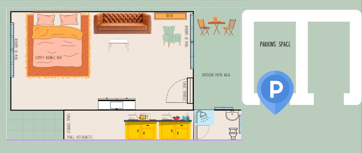 带小厨房、沙发和停车位的单间公寓。
