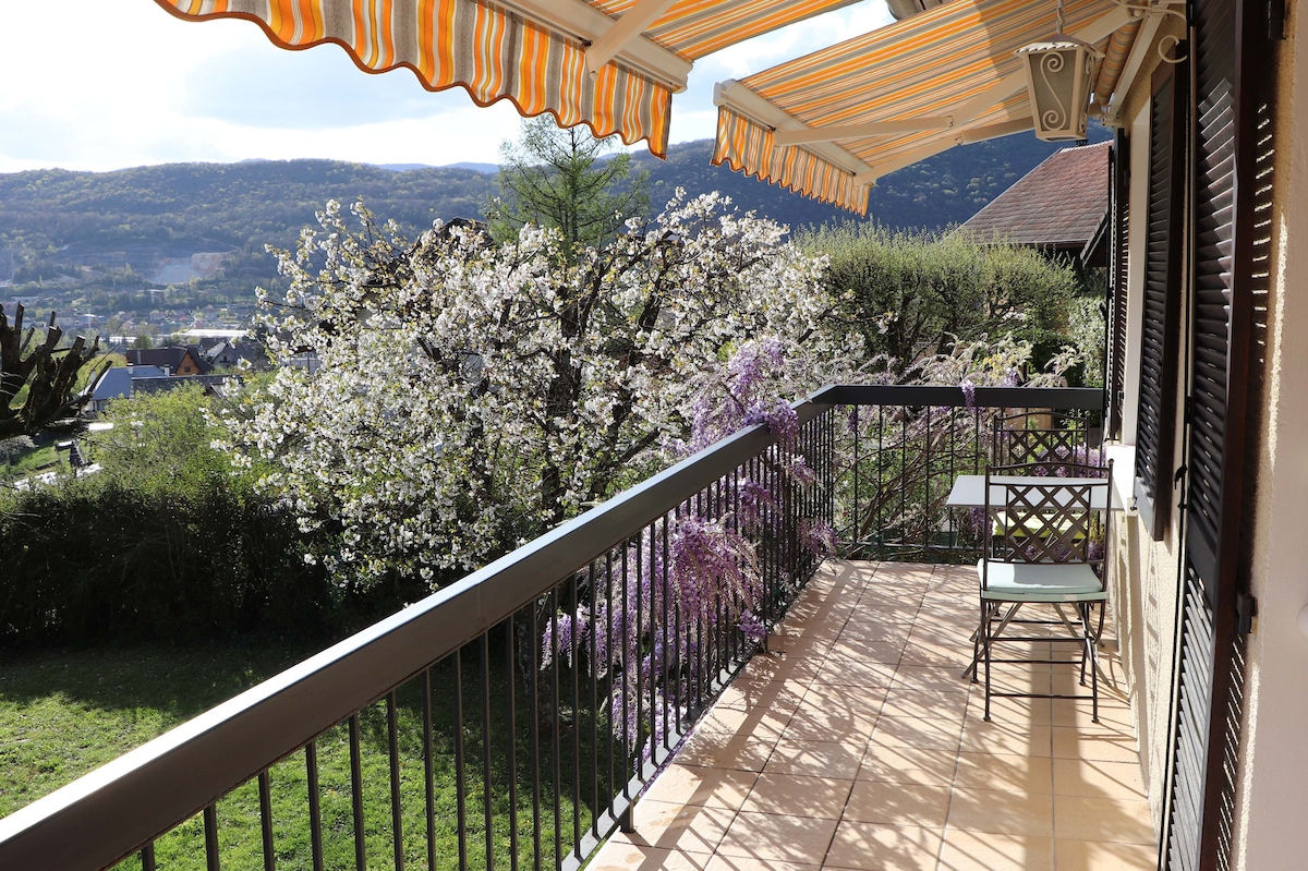 Maison dans joli jardin entre lacs et montagnes.