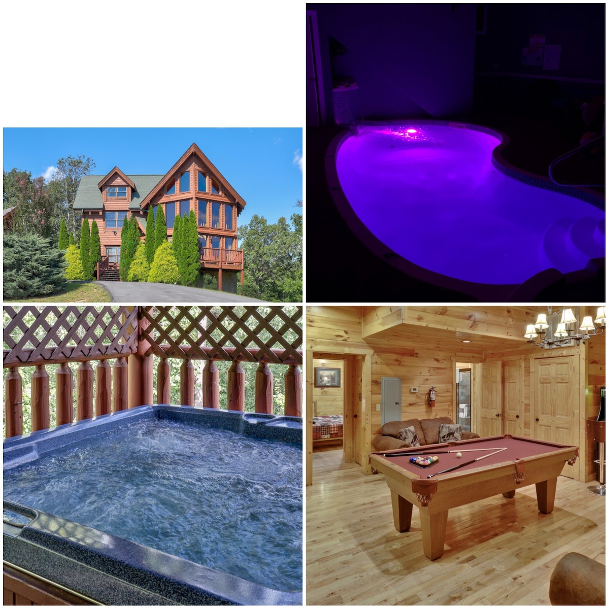 豪华小木屋，带室内泳池、热水浴缸、景观、游戏室