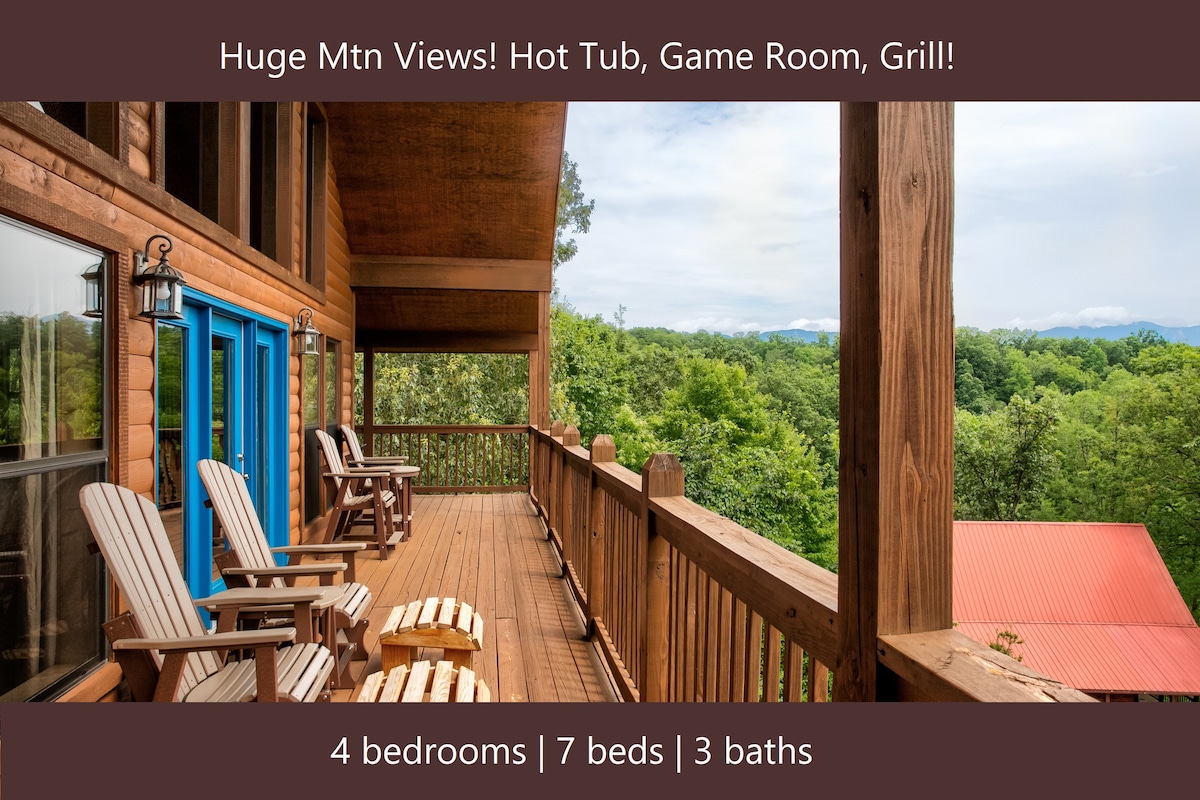 宽敞的山景观！热水浴缸、游戏室、烧烤架！