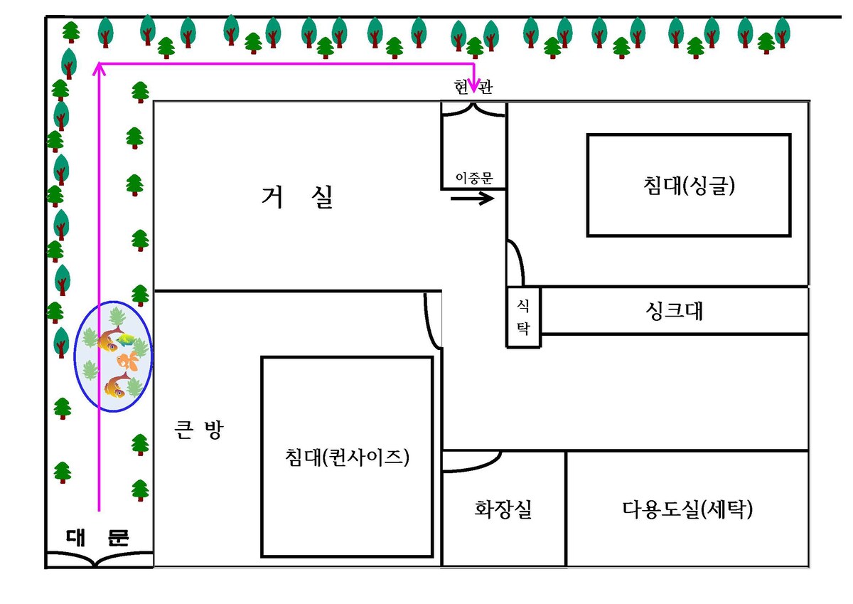 有花园的山丘上的房子。