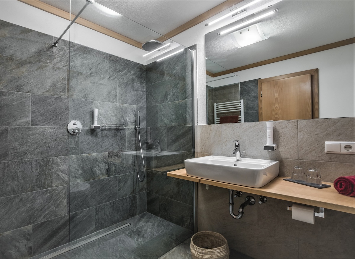 多洛米蒂山脉带独立浴室的房间