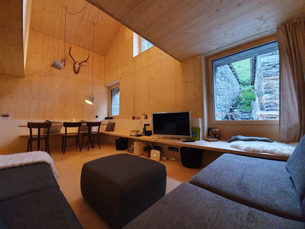 石质度假木屋_现代木质室内装潢_瑞士阿尔卑斯山
