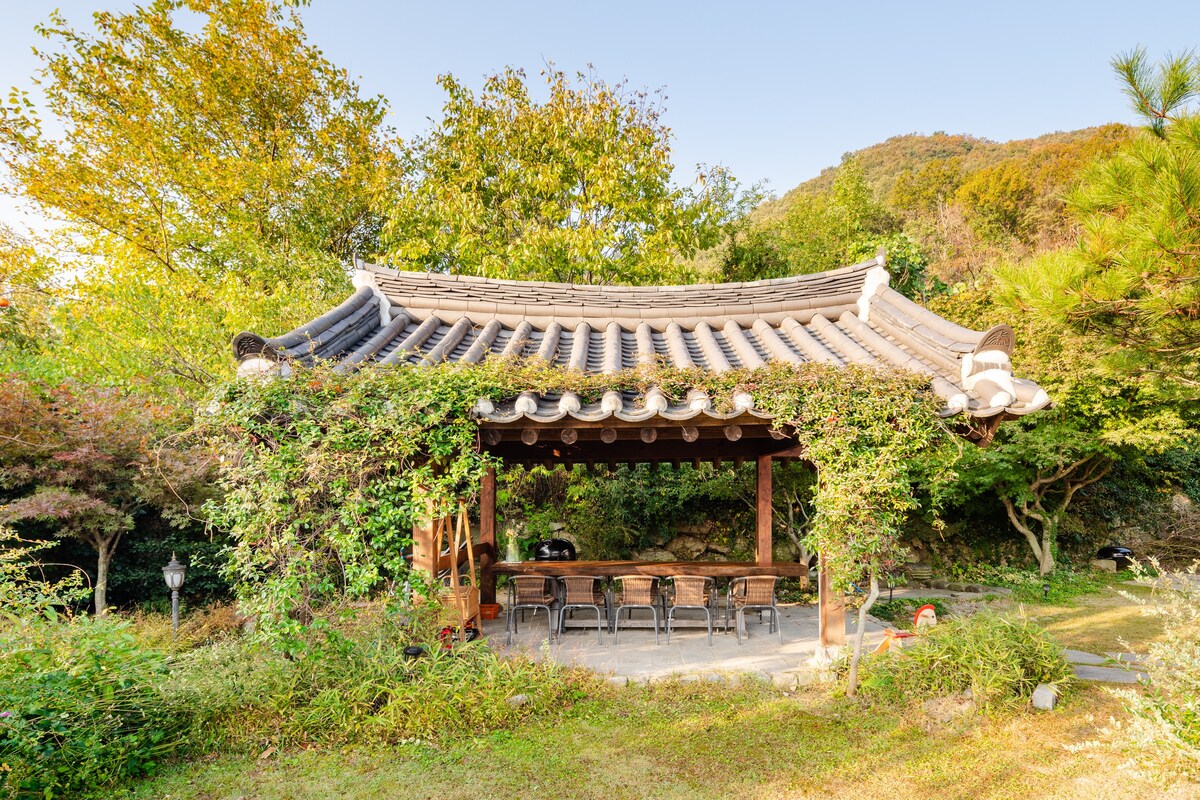优雅酷的传统韩屋免费停车户外烧烤设施和宽阔草的韩国美景