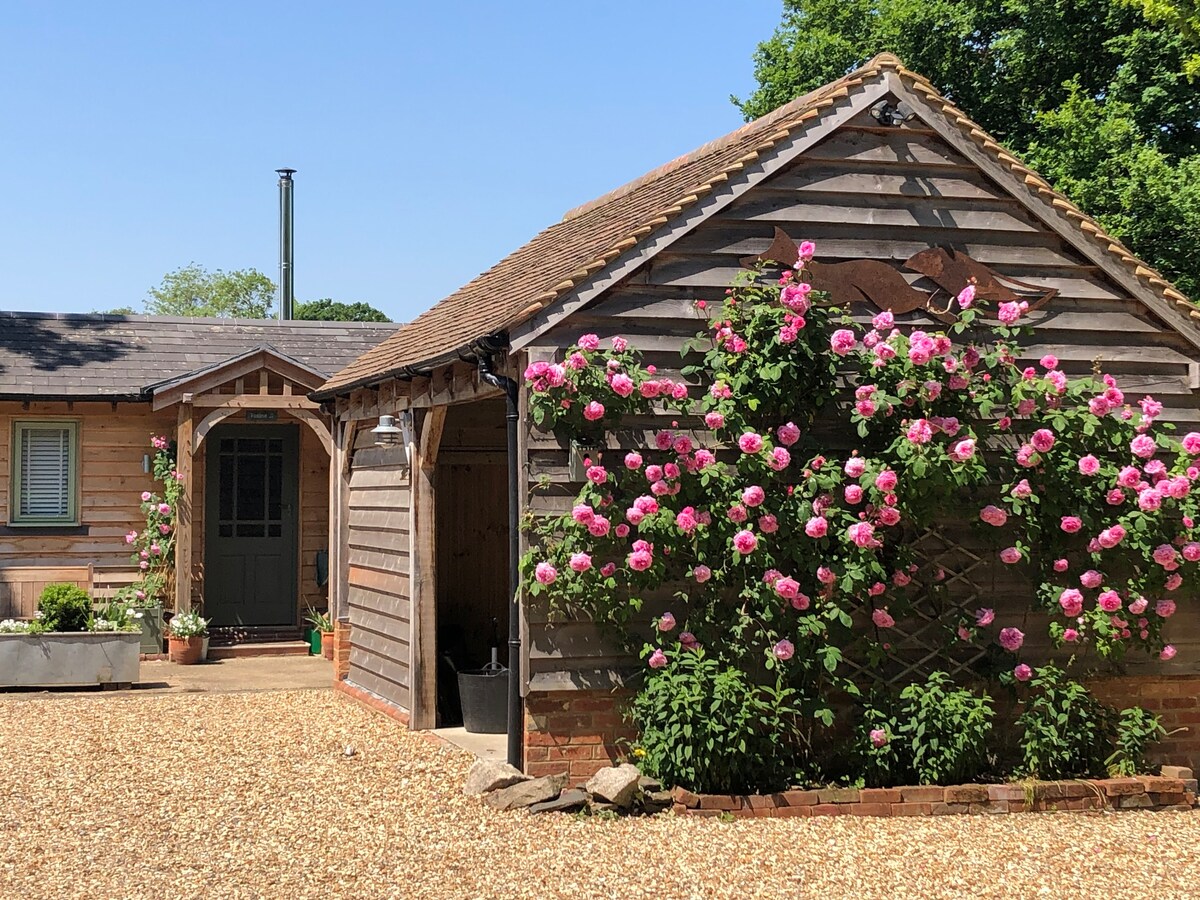 Unique stable conversion, log burner, rural view.