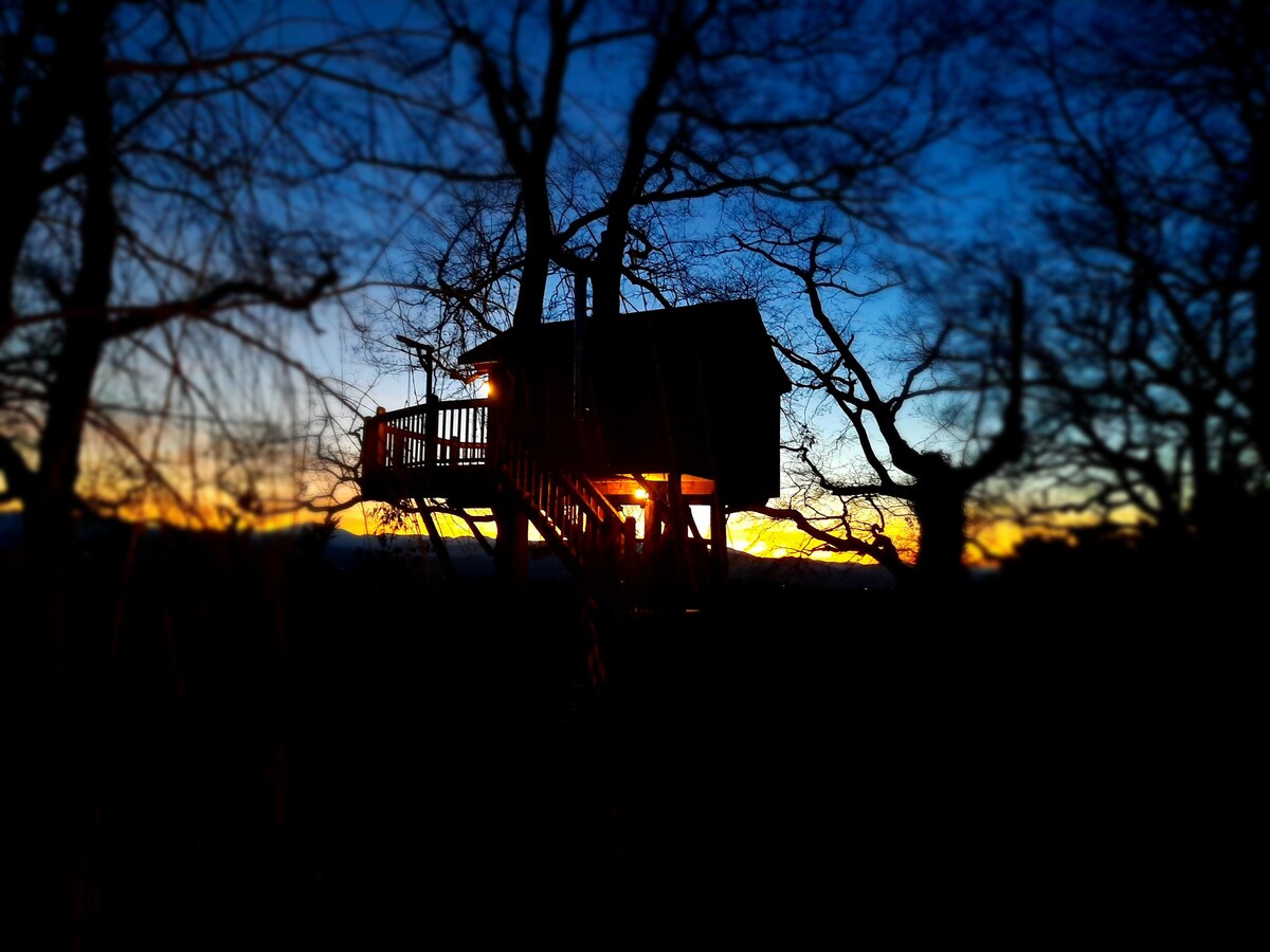 Cabane perchée face à la chaîne des Pyrénées