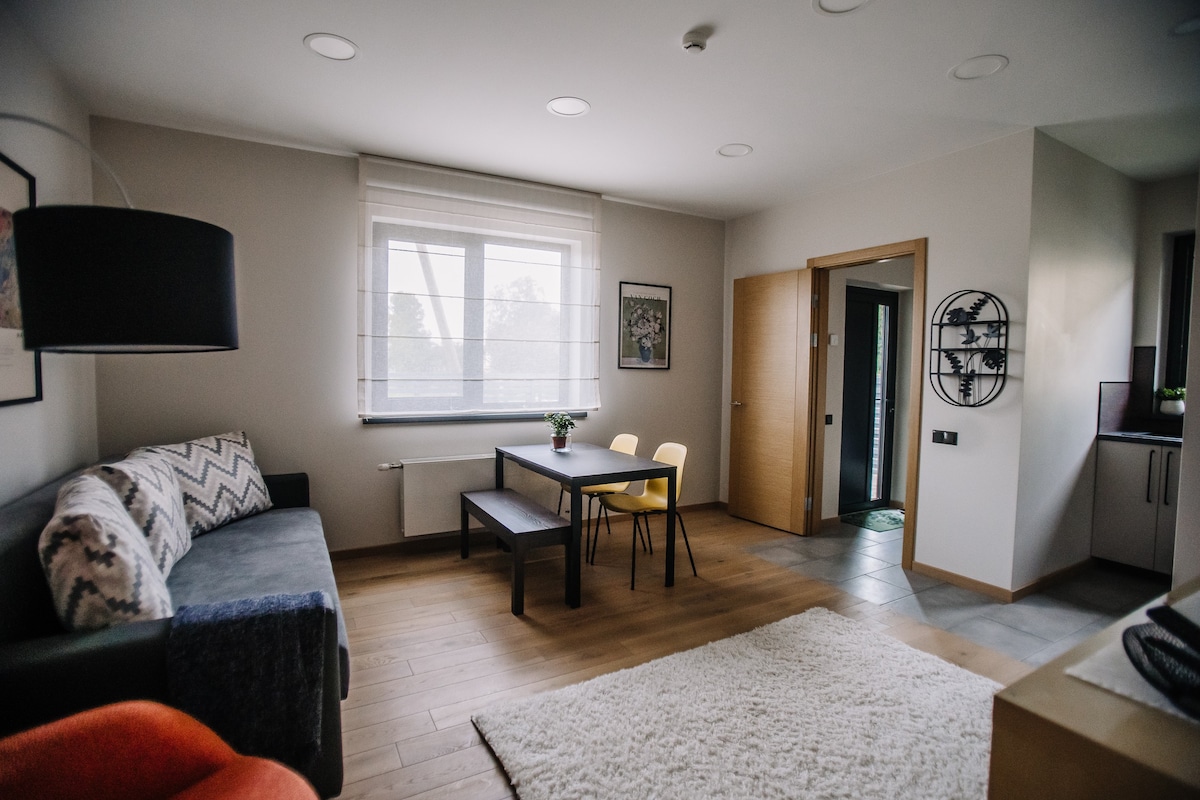 全新舒适的单间公寓，配备空调和私人绿色区域