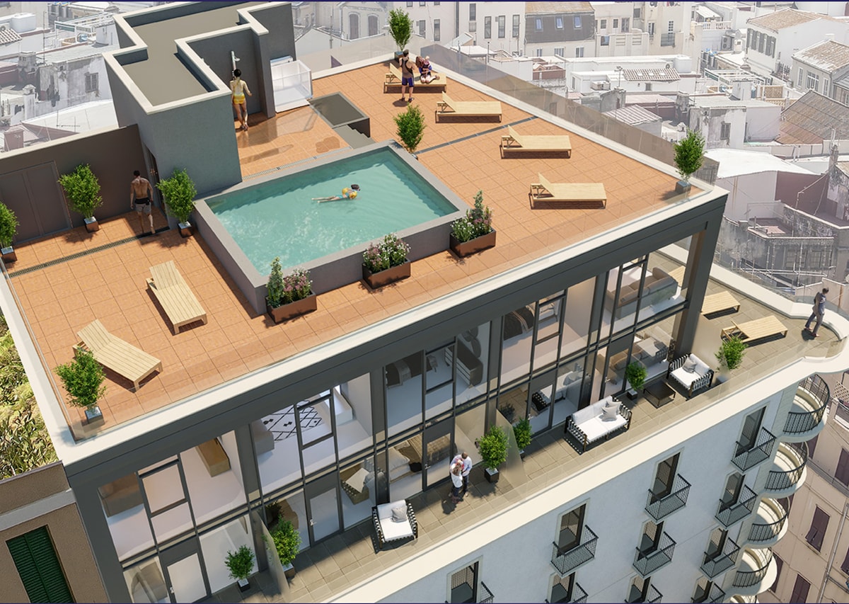 带屋顶泳池和露台的酒店式公寓