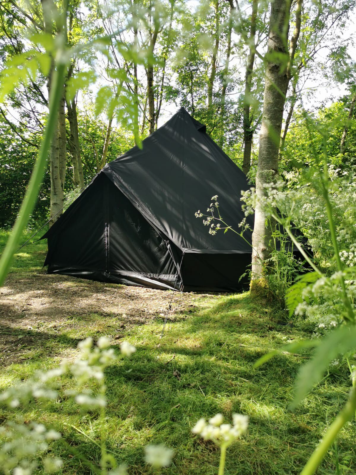 风景如画的林地内的豪华黑钟形帐篷