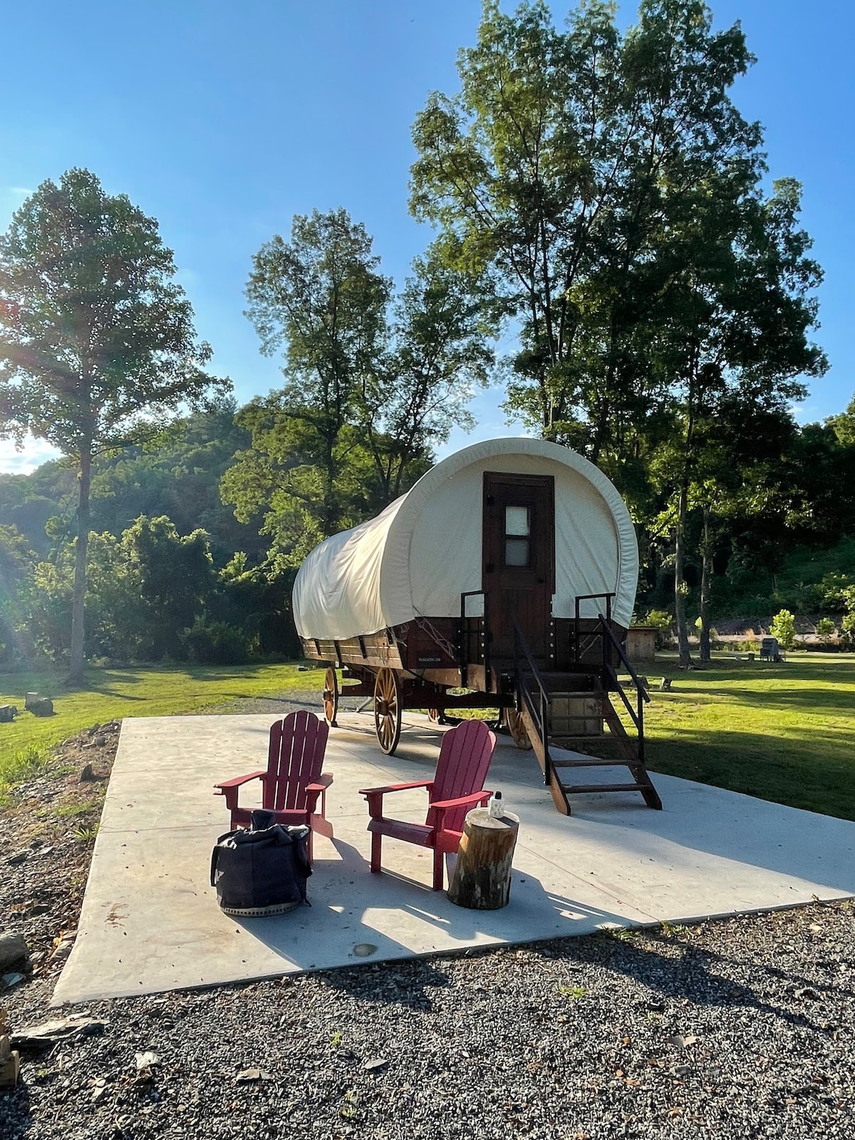 法国布罗德河（ French Broad River ）上有顶棚的马车