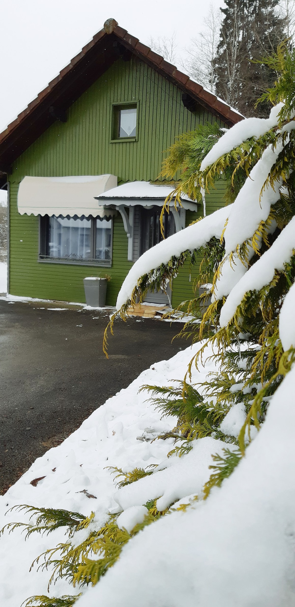 在冬天享用绿色度假木屋和雪鞋