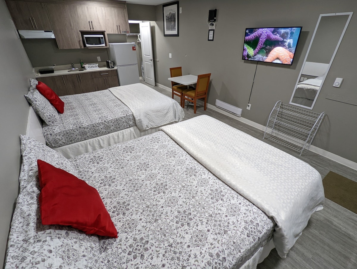 两张标准双人床和小厨房+高速无线网络/电视