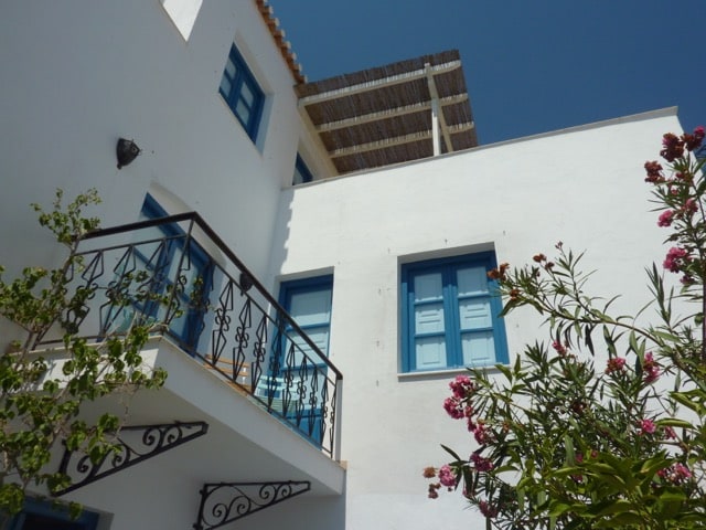 cheerful  blue white greek house with  sea view