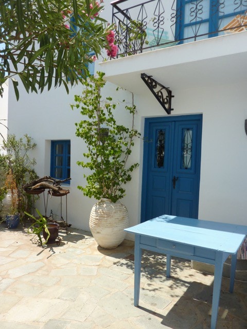 cheerful  blue white greek house with  sea view