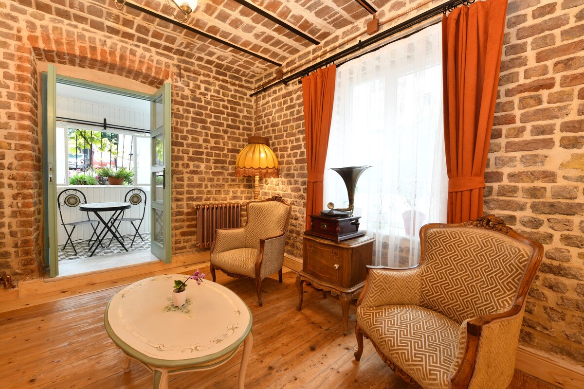 历史悠久的公寓、2间卧室、空调、土耳其浴室和阳台