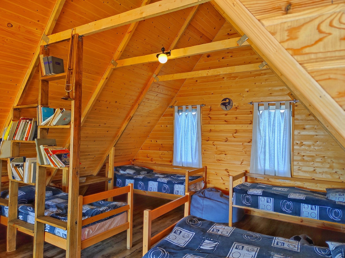 四人间宽敞的木制客房，可欣赏塞万湖的美景