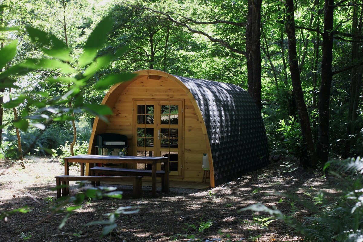 Chalet au milieu des bois dans camping à la ferme