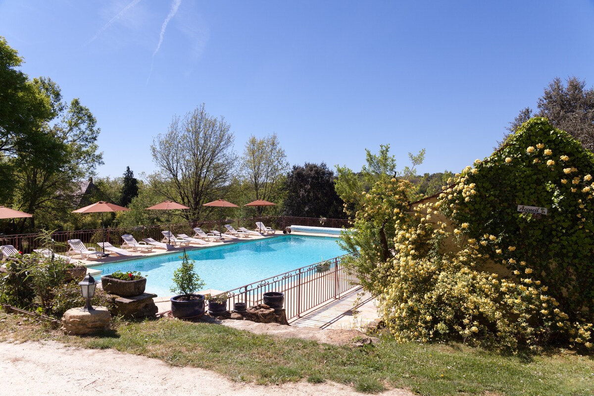 Les Acacias : Chalet et piscine en pleine nature.