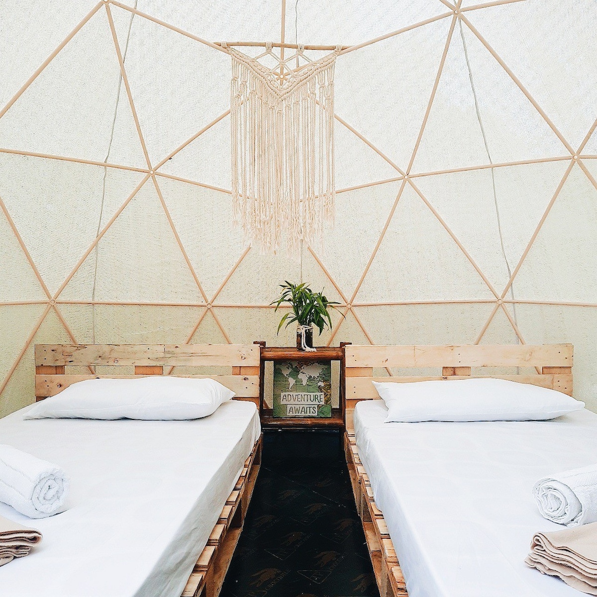 Geodesic Dome Tent Nestled in the Trees, Lake View