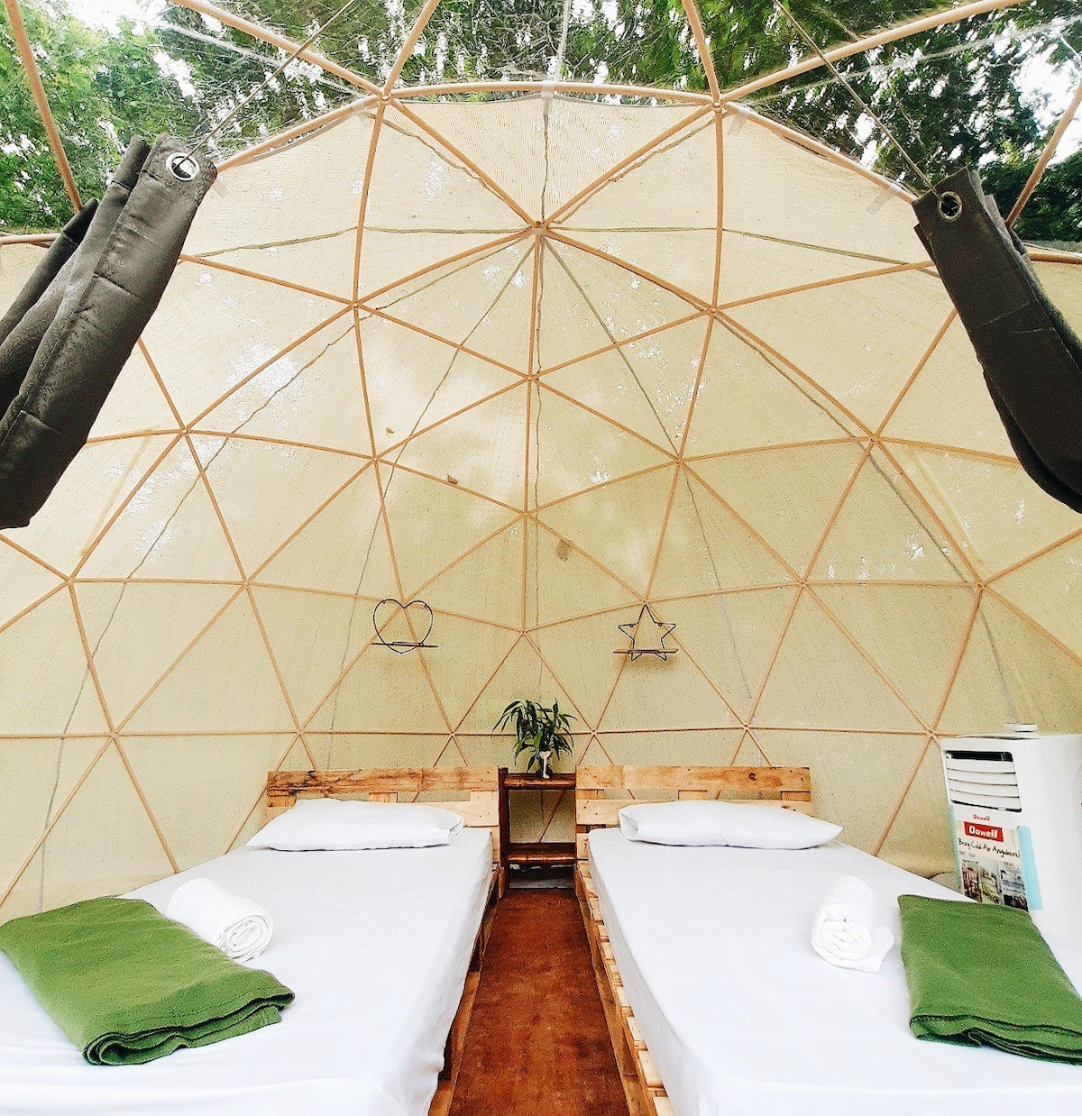 Geodesic Dome Tent Nestled in the Trees, Lake View