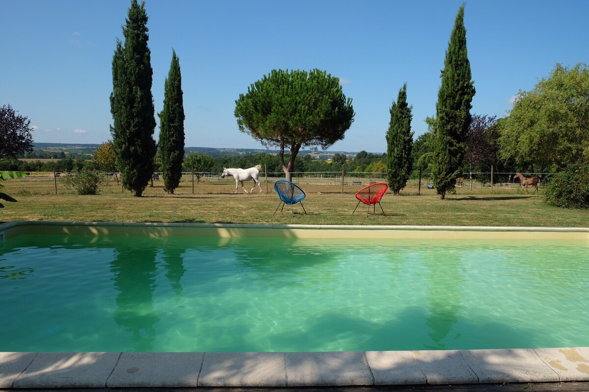 Gîte chaleureux avec piscine (nature, chevaux...)