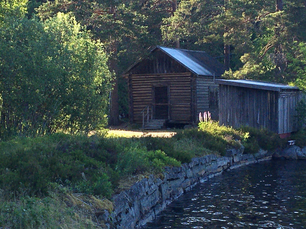 带壁炉的简单小屋，湖边的私人位置。