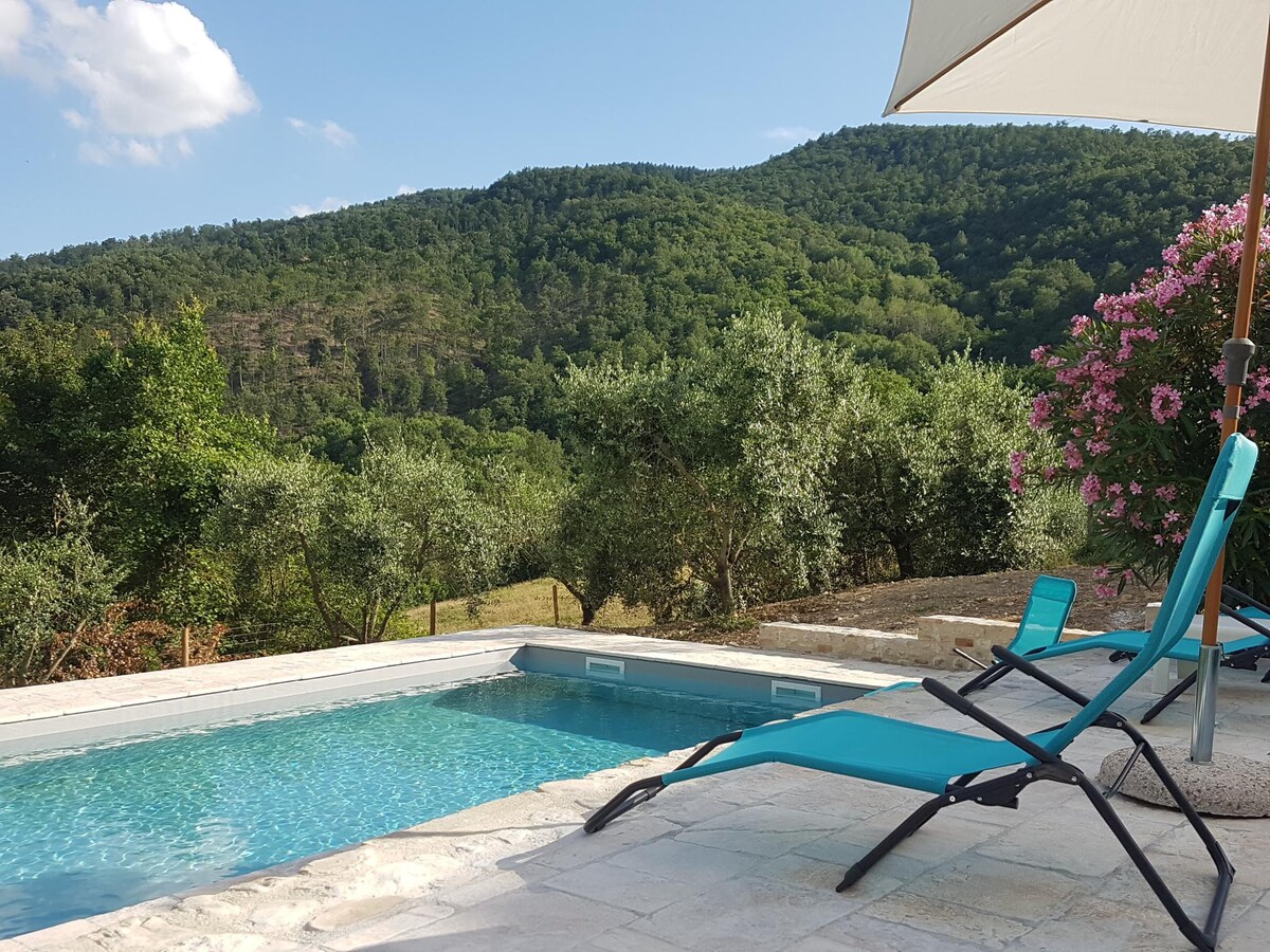 Rustic, hillside house with private pool