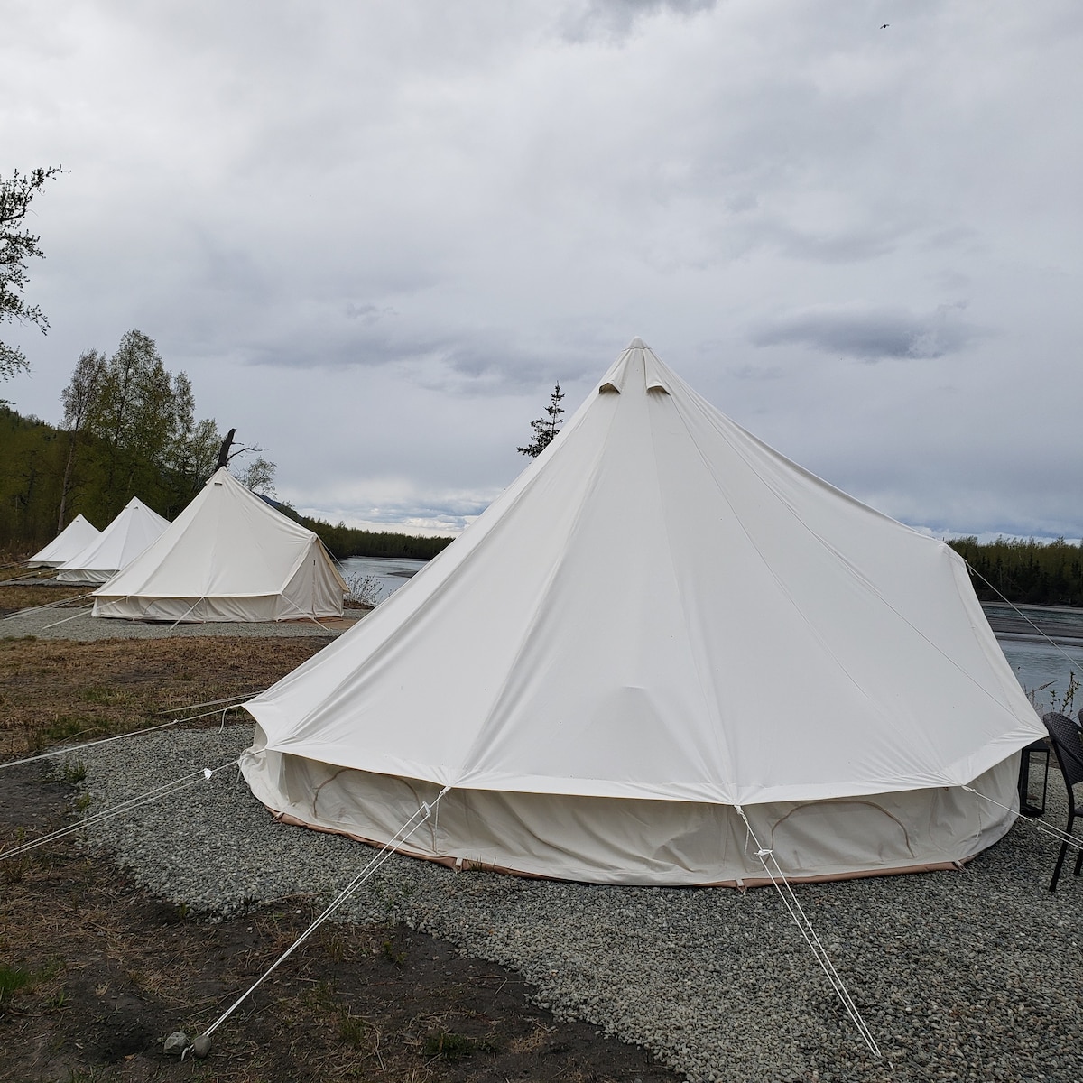 Meadow tent with scenic mountain views