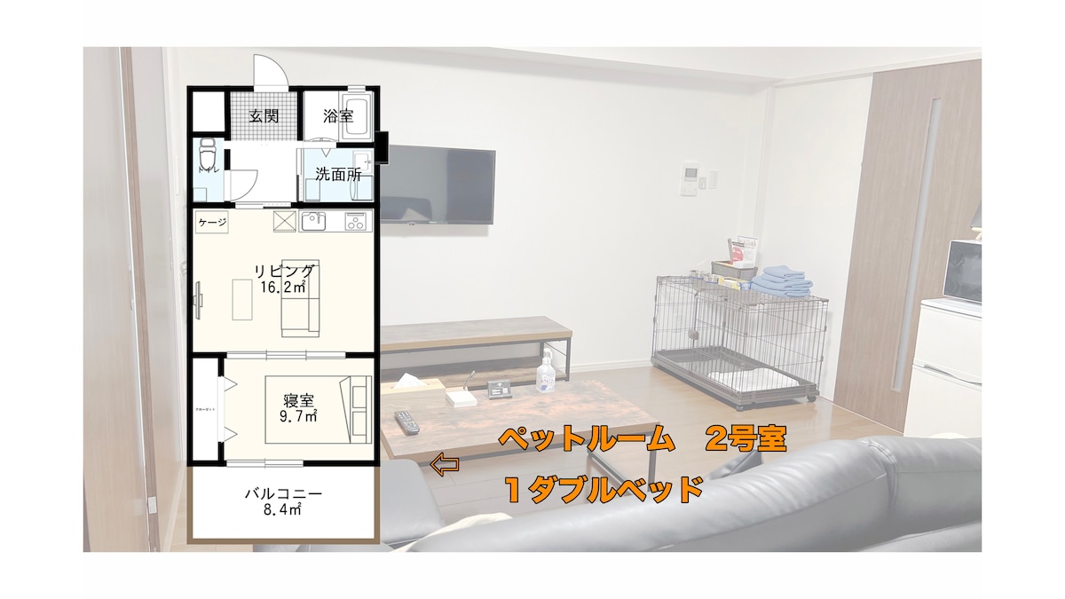 ペットと泊まれるお部屋【1ダブルベッド最大2名様＋ペット1匹】大型犬・猫可、1泊プラン