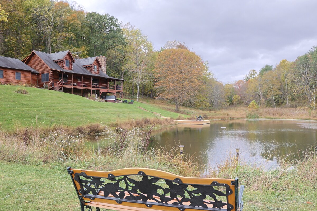 Private Log Home w/Hot Tub & Half Acre Fish Pond