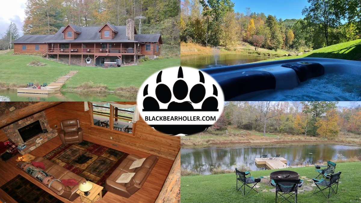 Private Log Home w/Hot Tub & Half Acre Fish Pond