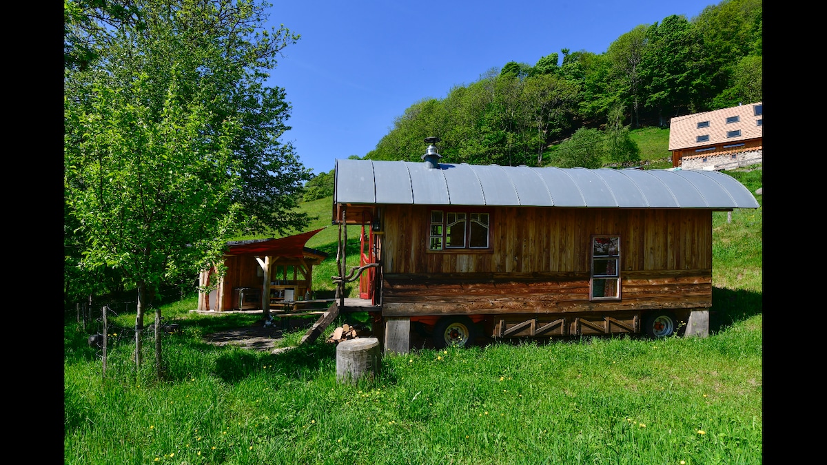 小屋中心的农场拖车