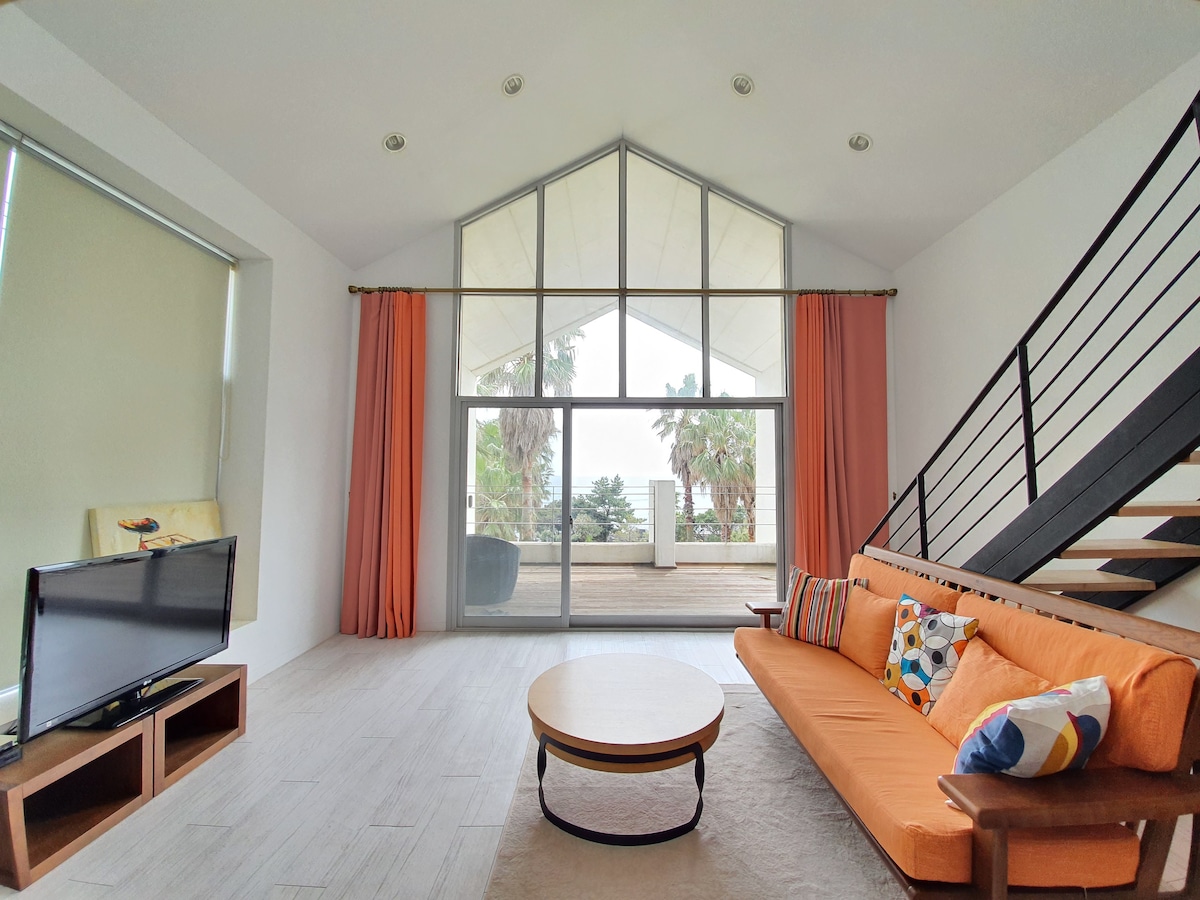 济州岛以南的异国风情海景棕榈树花园顶层公寓