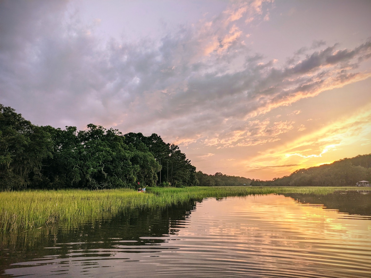 Camper on peaceful tidal creek, Johns Island